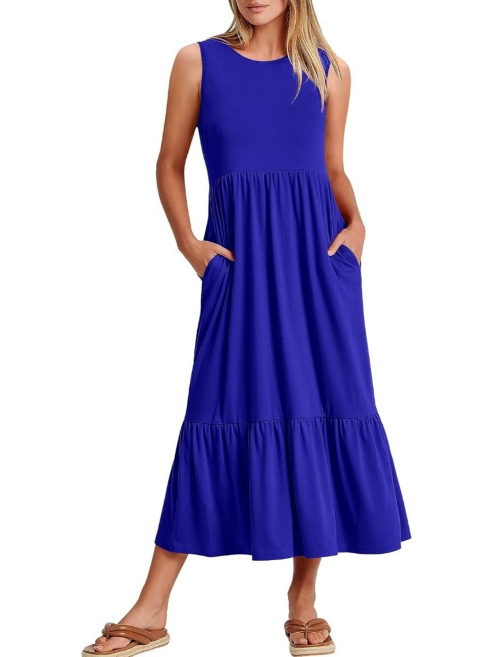 Women's Royal Blue Crewneck Summer Sleeveless Sundress Aline Flowy Tiered Maxi